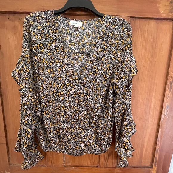 Max Studio Tops - Max Studio Black Pink Yellow White Floral Blouse Ruffle Size L